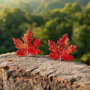 Peut inclure: Deux ornements rouges en forme de feuilles d'érable sont posés sur une surface en pierre. Les feuilles ont une finition brillante et sont placées sur un fond vert flou d'arbres. Ornements pour la décoration d'automne.