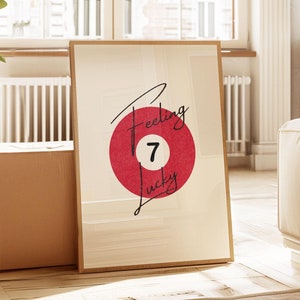 Vintage poolbal print geluksgetal 7 muur kunst rode poolbal poster retro handgetekende muur kunst trendy muur kunst digitale download afdrukbare