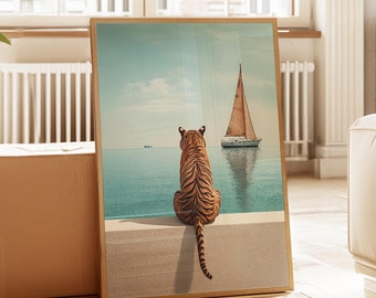 Tiger & Sailboat Art Print: Blue Preppy Maximalist Wall Decor (Digital Download)