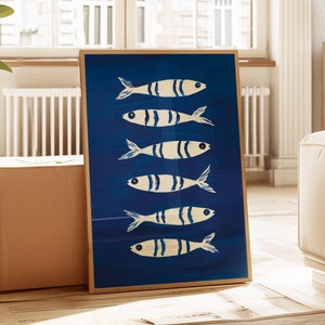 Sardine Print, Blue Fish Print, Kitchen Wall Art, Retro Kitchen Decor, Seafood Wall Art, Colorful Kitchen Art, Digital Download