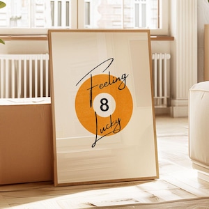 Vintage biljartbal print oranje biljartbal poster Lucky 8 Ball muurkunst retro handgetekende poster trendy muurkunst digitale download afdrukbare kunst