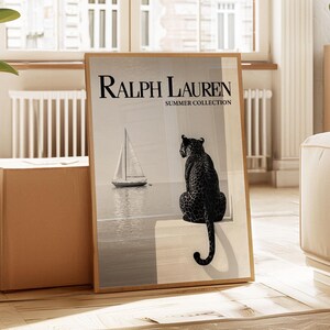 Póster de revista de moda, impresión en blanco y negro, póster de Ralph Lauren, estampado de leopardo negro, impresión de moda de lujo, arte mural moderno, impresión retro