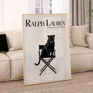 Pôster de revista de moda, estampa de oncinha, pôster de Ralph Lauren, estampa de moda de luxo, arte de parede de designer, preto e branco, decoração de parede estética