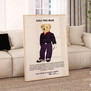 Poster di una rivista di moda vintage, poster da parete con orso Polo, ispirato a Ralph Lauren, stampa di moda retrò, stampa artistica di moda di lusso, stampa artistica di golf