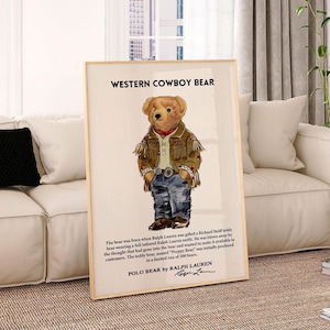 Poster di riviste di moda, Western Polo Bear Wall Art, Poster ispirato a Ralph Lauren, Poster retrò vintage, Stampa di moda di lusso, Stampa artistica da cowboy