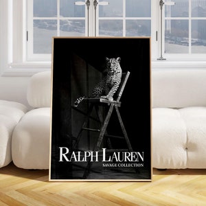 Luxus Mode Poster Leopard sitzt auf Stuhl Druck Alt Ralph Lauren Luxus Mode Druck Schwarz Weiß Magazin Retro Wand Kunst