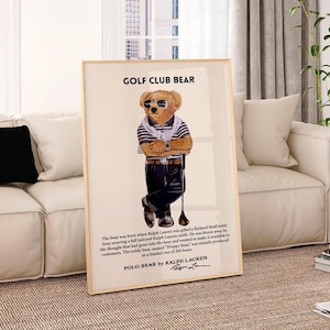 Poster ispirato al retrò Ralph Lauren, copertina di una rivista di moda vintage, stampa con orso da golf, arte murale di lusso, stampa di moda, decorazione estetica da parete