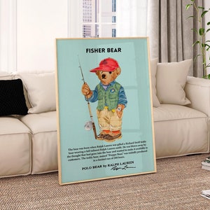 Stampa artistica da parete vintage con orso Polo, poster di riviste di moda ispirato a Ralph Lauren, stampa di moda di lusso, decorazione da parete retrò, arte blu