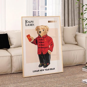 Affiche rétro du nouvel an lunaire Polo Bear, couverture de magazine de mode vintage, impression Ralph Lauren, art mural, impression de mode de luxe, décoration murale esthétique