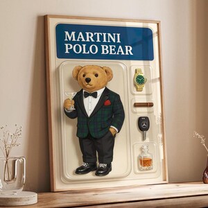Stampa artistica dell'orso Martini Polo, poster di lusso Starter Pack, decorazione da parete ispirata a Ralph Lauren, stampa dell'orso con estetica Old Money, arte della stanza della moda