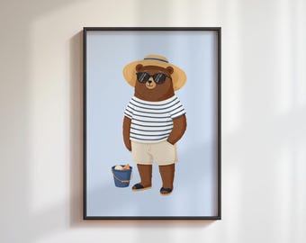Coastal Teddy Bear Nursery Print: Preppy Sailor Theme