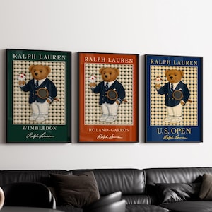 Set of 3 Tennis Bear Posters, Vintage Grand Slam Wall Art, Retro Sports Bear Print, Classic Animal Tennis Decor, Fashion Bear Illustration