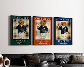Set of 3 Tennis Bear Posters, Vintage Grand Slam Wall Art, Retro Sports Bear Print, Classic Animal Tennis Decor, Fashion Bear Illustration