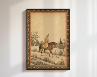 Turbaned Prince Horseback Print: Mughal Miniature Style, Serene Palace Garden Decor