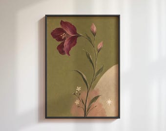 Burgundy Flower Art Print: Gouache Style Single Stem Botanical, Plant Lover Gift