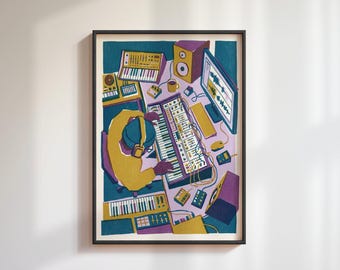 May include: Illustration of a music studio with a person wearing headphones at a desk with synthesizers, a computer monitor, speakers, and other audio equipment. The artwork is in shades of yellow, purple, teal, and white.