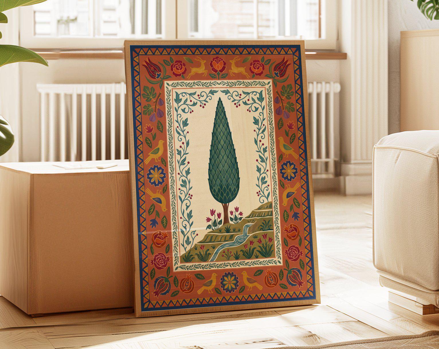 Cypress Tree Art Print: Persian Garden Wall Art, Mediterranean