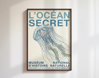 Jellyfish Print, Vintage French Museum Poster, L'Océan Secret Scientific Illustration