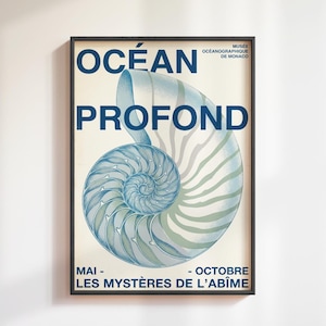 May include: A framed vintage poster with the words "OCÉAN PROFOND" in dark blue. A detailed illustration of a nautilus shell in shades of blue and green dominates the center. The poster also includes the text "MAI - OCTOBRE - LES MYSTÈRES DE L'ABÎME".