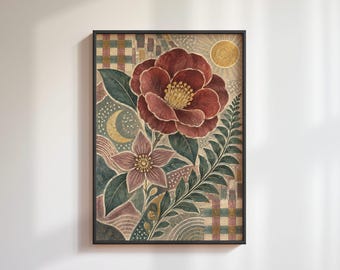 Celestial Floral Poster: Sun Moon Folk Painting, Mystical Botanical Gallery Print