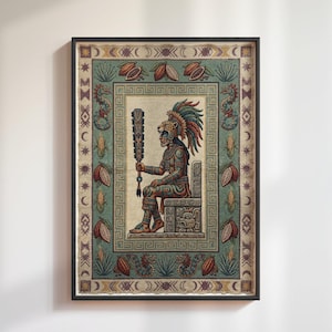 May include: Framed print depicting an indigenous figure seated on a throne, holding a weapon. The artwork is surrounded by decorative elements including cocoa pods, corn, and celestial symbols, in shades of green, brown, and beige.