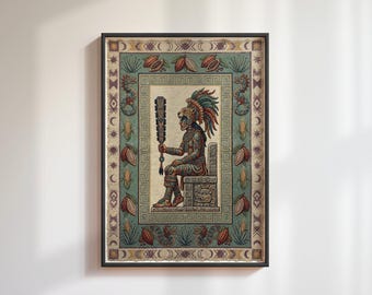 Aztec Jaguar Warrior Tapestry Print: Mesoamerican Mythology, Pre-Columbian Wall Decor