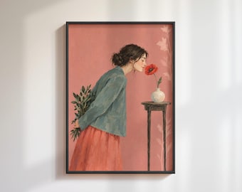 Woman Smelling Poppy Wall Art: Single Flower Vase Painting, Feminine Bedroom Poster