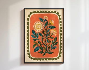 Scandinavian Folk Flower Print: Nordic Floral Poster, Retro Maximalist Wall Art