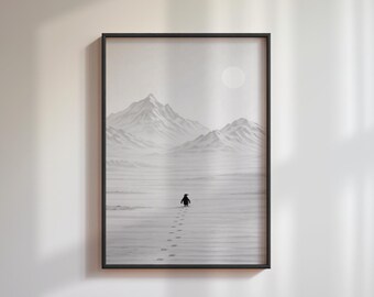Lonely Penguin Poster, Existential Nihilist Penguin in Minimal Snow Landscape, Modern Neutral Wall Art