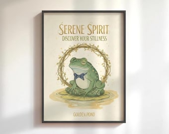 Frog Poster Whimsical Meditating Animal Art with "Serene Spirit" Quote, Zen Wall Decor