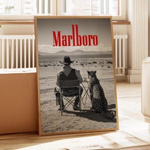 Black and white Marlboro cowboy and cheetah poster, retro western wall art print for vintage home decor and mancave decoration.
