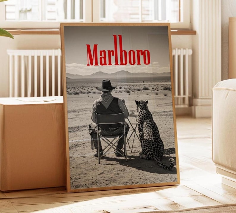 Black and white Marlboro cowboy and cheetah poster, retro western wall art print for vintage home decor and mancave decoration.