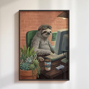 Lámina "Perezoso en el ordenador": Ilustración animal retro, decoración de pared para la oficina de un programador.