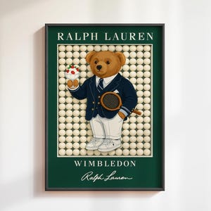 Vintage Tennis Bear Poster, Grand Slam Sports Wall Decor, Emerald Green Tennis Wall Art, Retro Sports Poster, Classic Bear Art Print