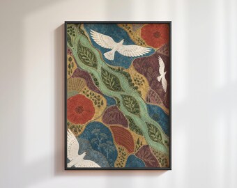 Flying White Birds Poster: Patchwork River Landscape, Living Room Gallery Wall