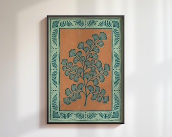 Ginkgo Leaf Linocut Print: Vintage Botanical Block Art, Cottagecore Wall Decor