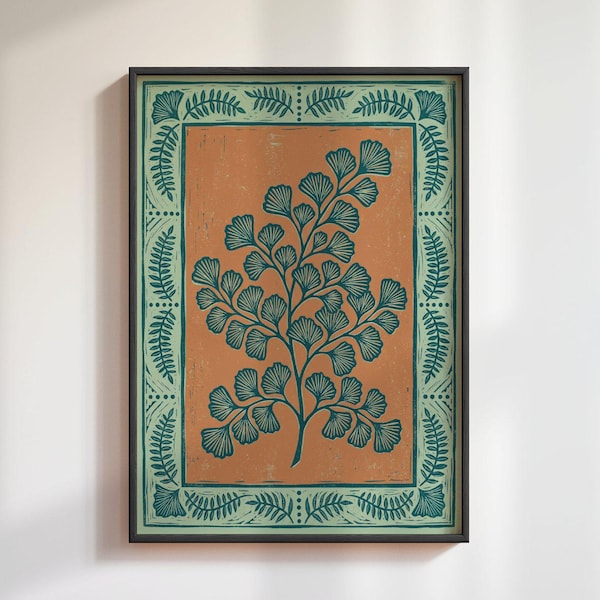 Ginkgo Leaf Linocut Print: Vintage Botanical Block Art, Cottagecore Wall Decor