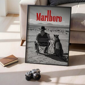 Black and white Marlboro cowboy and cheetah poster, retro western wall art print for vintage home decor and mancave decoration.