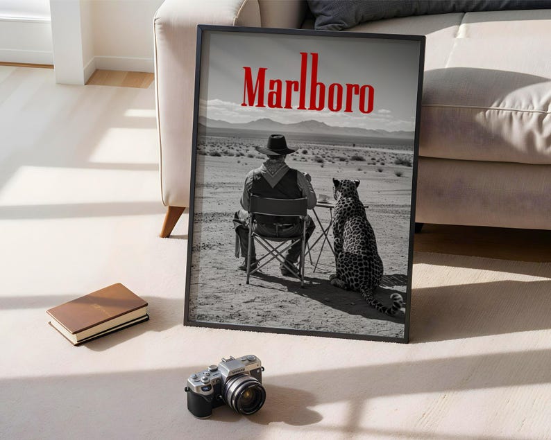 Black and white Marlboro cowboy and cheetah poster, retro western wall art print for vintage home decor and mancave decoration.