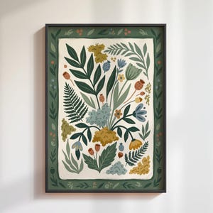 May include: A framed rectangular wall art print featuring a central illustration of various botanical elements including ferns, leaves, and flowers in shades of dark green, sage, mustard yellow, and muted blue, surrounded by a dark green leaf border.