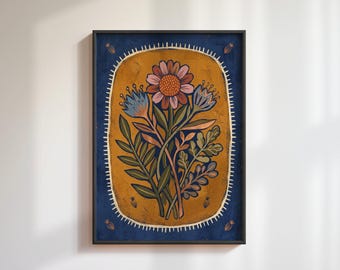 Wildflower Daisy Art Print: Folk Botanical Bouquet Poster, Moody Maximalist Wall Decor