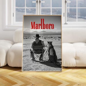Black and white Marlboro cowboy and cheetah poster, retro western wall art print for vintage home decor and mancave decoration.