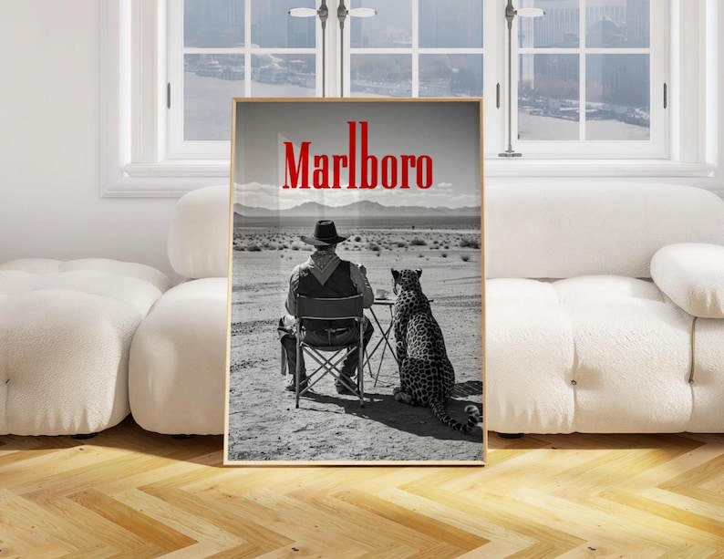 Black and white Marlboro cowboy and cheetah poster, retro western wall art print for vintage home decor and mancave decoration.