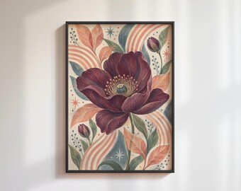 Burgundy Poppy Wall Art: Retro Botanical Illustration, Earthy Boho Floral Print