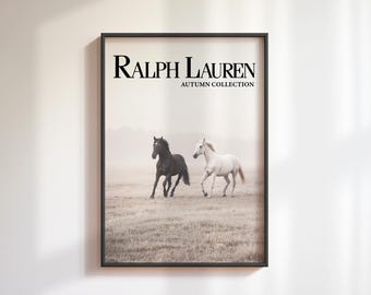 Póster de revista de caballos vintage, arte mural de estilo campestre, decoración ecuestre en blanco y negro, impresión de moda retro, póster elegante para el hogar.