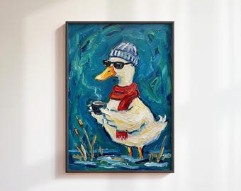 Nyckfull ankamålning med kaffe, impasto texturerad konst för köksväggdekoration