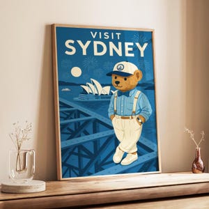 Sydney Travel Poster, Polo Bear Fashion Wall Art, Vintage Australia Print, Retro Tourism Decor, Old Money Aesthetic Bear Illustration