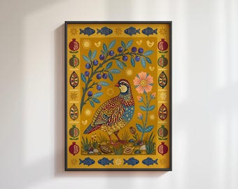 Partridge Folk Art Print: Berry Branch Bird Botanical, Rustic Dining Wall Decor