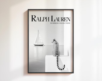 Vintage Nautical Fashion Poster, Cheetah Sitting Wall Art, Black and White Coastal Print, Elegant Summer Decor, Magazine-Inspired Style