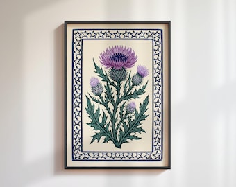 Scottish Thistle Botanical Print: Vintage Linocut Art, Highland Folk Decor